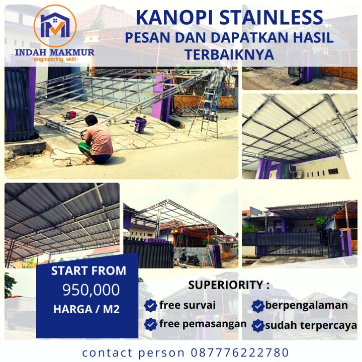 Kanopi stainless steel atap upvc / solartooff / flat / policarbonate / kaca / akrilik dll