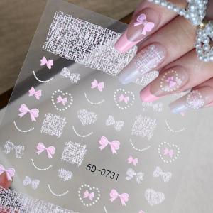 1Pcs 5D Embossed Pink White Bow Pearl Grid Nail Stickers Heart French Line Nails Decals for Y2K Sweet Girl Daily Manicure Decor