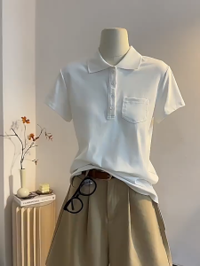 Korean Dress🎉เสื้อโปโลเกาหลี💟เสื้อยืดแฟชั่นผู้หญิง เสื้อยืดแขนสั้นสีพื้นเรียบง่ายแบบใหม่ ทรงสั้นสลิมสไตล์