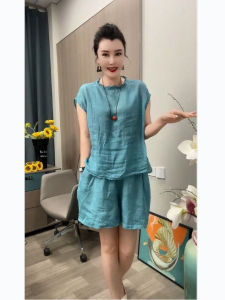 2025 Large Size Womens Fashionable Cotton Linen Short Two-Piece Set Summer New Arrival High Waist Printed Dress Korean Style