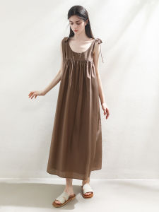 Miccbeirn | Silk Cotton French Style Sleeveless Vest Dress Sweet Butterfly Knot Strap Long U-neck Summer Fashion Casual A-line Dress