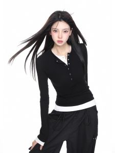 Áo Thun Dài Tay Màu Đen Phong Cách Mỹ Henry Cổ Tròn Mùa Xuân Cho Nữ Áo Lót Hai Mảnh Áo Chui Đầu Ôm Vừa Vặn