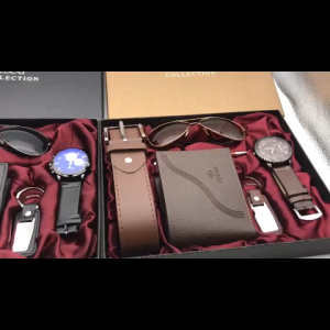 7 Pieces Luxury Men Accessories Gift Set Watch Belt Wallet Sunglasses Keychain Pen Beautiful Boxed Present Father’s Day & Birthday Gift For Men
