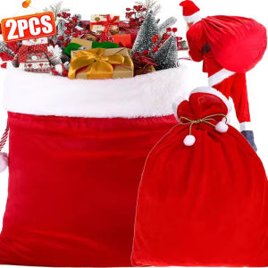 【Residence】2Pcs Large Santa Claus Bags with Drawstring Red Velvet Santas Present Sack Bags Christmas Party Decoration