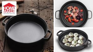 30CM D-cooker JG Series Cast Iron Skillet with Ergonomic Dual Loop-Style Handles Cast Iron Deep Frying Pan with Wooden Lid