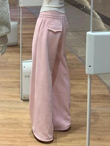 กางเกงขายาวทรงตรงสีชมพูสไตล์เกาหลีหลวมๆ ลำลอง กางเกงขายาวทรงตรงสำหรับผู้หญิงในฤดูหนาว ทรงหลวม ทรงหลวม สไตล์เกาหลี