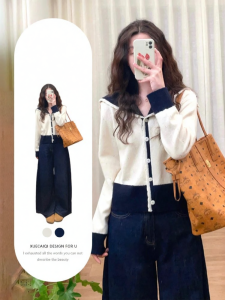 XUECAIQI | Korean Style Sweet Academic Look Navy Collar Sweater Set
