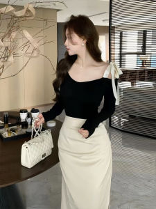 Shoulder Bared Butterfly Knot Long Sleeve T Shirt Womens Slim Fit Base Shirt Spring New Style Elegant Fashion Top