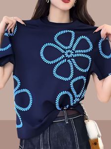 Áo Thun Cotton Tay Ngắn in Họa Tiết Thời Trang Mùa Hè Dáng Rộng Cổ Tròn Thường Ngày Thoải Mái Thoáng Khí Chất Liệu Cotton Pha Trộn