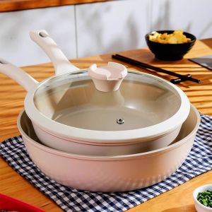 กระทะเคลือบด้านสองด้าน ดินเผา ไม่มีการเคลือบเคมี กระทะลวกลึก เหมาะสำหรับใช้ในครัวเรือน กระทะไฟฟ้าและแก๊ส