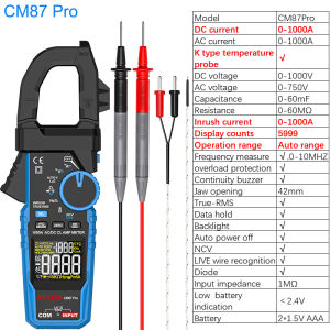 CM87PRO 0-1000A DC AC Current Real Effective Value Digital Display Clamp Meter Ammeter Digital AC DC Current Voltage Clamp Meter Digital NCV Frequency Conversion Measurement Inrush Current Zero Fire Wire