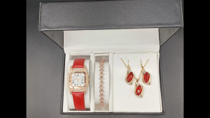 4 Pcs Set Ladies Quartz Watch and leather strap with Jewellery Collection including Necklace Bracelet and Earrings. Gift Box and Battery included.