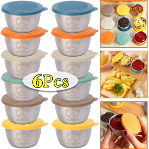 6 ชิ้น ถ้วยซอสจิ้มสแตนเลสป้องกันการรั่วซึม / กล่องใส่น้ำสลัดมินิแบบใช้ซ้ำได้ / ถ้วยใส่ซอสปรุงรสในครัวพร้อมฝาปิด
