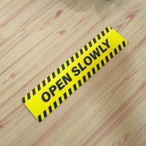 Open Slowly. Buka Perlahan-lahan. 慢慢打开. Sticker Sign Label Signage Caution Warning Stripes. Close Slow Gently Softly.