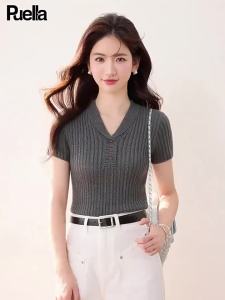 puella | Retro Style Turn-down Collar Twisted Short Sleeve T-Shirt