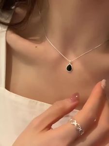 925 Sterling Silver Black Agate Necklace for Women Girl Snake Bone Chain Water Drop Jewelry Gift Dropshipping