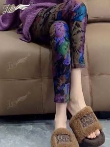 Colorful Gold-Vermeil Printed Slim Fit Ankle Pants Womens Fashion Personality High Waist Nine Points Pants Spring Autumn