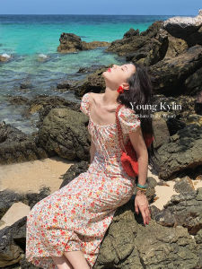 Váy Dài Tay Bồng Hoa Đi Biển Mùa Xuân Mới Cho Nữ Váy Chữ a Cạp Cao Bằng Polyester Váy Dự Tiệc Mùa Hè Váy Dự Tiệc