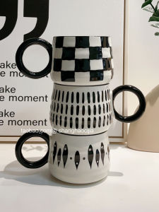 Black White Ceramic Coffee Milk Cup Nordic Style Geometric Pattern Retro Handmade Home Use Water Mug with High End Feeling