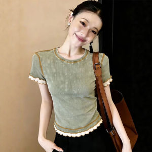 DUOFEIYAN | Áo Thun Hè Ôm Body Cổ Tròn Ren Xanh Vintage