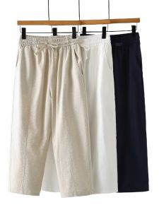 กางเกงขายาวทรงหลวมสไตล์ฮาราจูกุผ้าฝ้ายลินินเอวยางยืด ความยาวครึ่งแข้ง กางเกงขายาวลำลองสำหรับผู้หญิงไซส์ใหญ่ แฟชั่นฤดูร้อน 2025