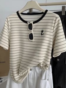 Guangzhou Thirteen Lines High Quality Slim Looking Fat Hiding Top Female Summer Dongdaemun Korean Goods Stripes Shoulder Female T-Shirt