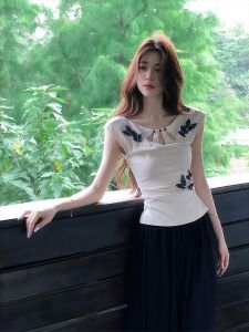 NINGXI | New Chinese Style Retro Fashion Womens Set with Hollow Butterfly Blouse and High Waist Skirt