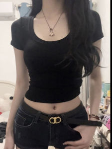 Summer Hot Short Crop Top Womens Slim Fit T-Shirt High Waist Short Sleeve Casual Pure Color Cotton Blend Sweet And Spicy Style