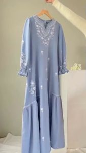 Gamis Wanita Terbaru Edelia Maxi Bahan Polo Linen Mix Bordir Free Tali Pinggang
