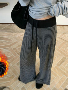 Quần Ống Rộng Kẻ Sọc Lót Lông Cừu Thoải Mái Cho Bà Bầu Mùa Thu Đông Quần Dài Thường Ngày Thoải Mái Cho Phụ Nữ Mang Thai