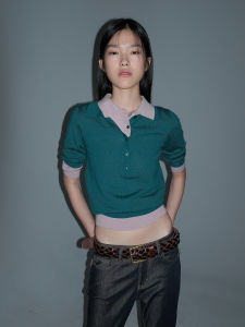 MASONPRINCE Retro Turquoise Comfortable Woolen Polo Shirt Fake Two-Piece Lightweight Machine Washable Long Sleeve Youth Trend