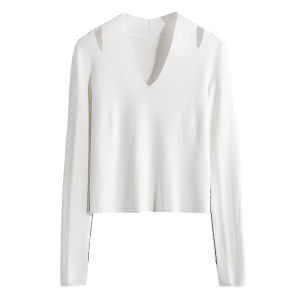 เสื้อสเวตเตอร์ถักคอวีสีพื้นแขนกุดเปิดไหล่ ผ้าไหม ทรงหลวม แขนยาว ปกโปโล แฟชั่นฤดูใบไม้ร่วง 2025 สำหรับผู้หญิง