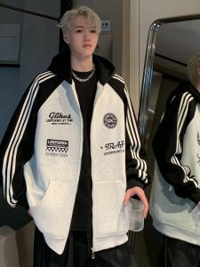 Áo Khoác Cardigan Nam Cổ Tròn Ba Sọc Phong Cách Mỹ Cổ Điển Dày Có Khóa Kéo Dài Vai Mùa Xuân Thu