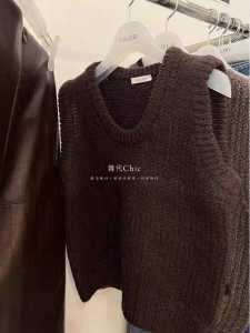 Guangzhou Thirteen Lines High Goods round Neck Fashionable Sweater Vest Female Fall and Winter Brown Knitting Vest Sleeveless Waistcoat Tops