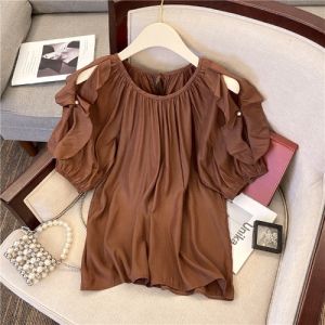 Big Sale Leak-Picking ~ Counter Withdrawal Export Summer Ruffles Beaded Short Sleeve Chiffon Shirt Womens Belly-Covering Coat Fashion