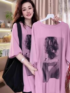 Extra Large Size 150.00kg European Mid Length Long Length Short Sleeve T-Shirt Womens Summer Fancy Loose Large Version Figure Flattering Fashionable Top