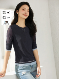 Vimly | Color-blocked Slimming T-Shirt Female Gray Round Neck Autumn