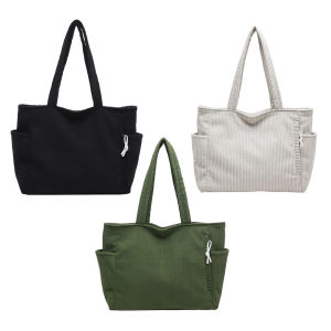 Women Corduroy All-Match Tote Bag Solid Color Leisure Shoulder Bag Versatile Tote Handbag Travel Shopping Work Handbag