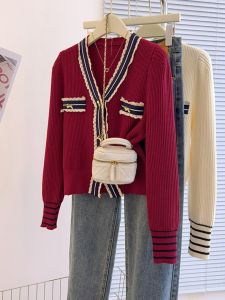 Red Knitted Cherry New Year Sweater Womens Autumn Winter V-Neck Long Sleeve Button up Cardigan Christmas Atmosphere High End Feeling