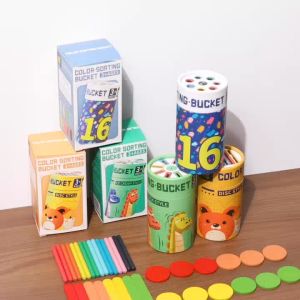 Kids Wooden COLOR SORTING BUCKET Shape Color Matching Montessori Educational Toy Gift