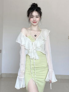 Summer New Style Short Sleeve Sun Protection Shirt with Lace Trim V-Neck Long Sleeve Transparent Chiffon Outerwear Cardigan