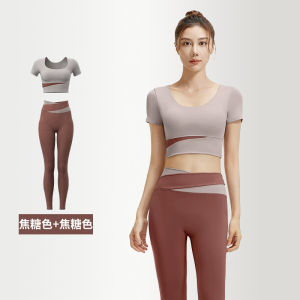 Quick Dry Short Sleeve Yoga Fitness Suit Running Outdoor Sport High Waist Butt Lifting Yoga Pants Womens Three-quarter Length
