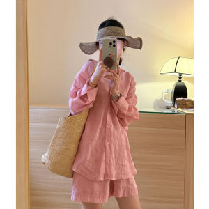 Shalldoer | Pink Linen Set Women Summer Lazy Style Loose Slimming Casual Sunscreen Shirt Short Pants Two Piece Set V-neck Long Sleeve Button
