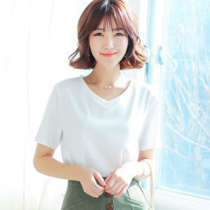 Summer White Short Sleeve T-Shirt Women V-Neck Loose Solid Color Pure Cotton New Style Student Top Black Korean Version Half Sleeve