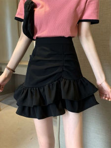 Slimming High Waist Asymmetrical Fish Tail Skirt Womens Fashion Spring Summer Short Half Skirt Polyester Zipper Pleated