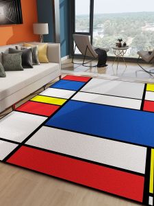 Piet Mondrian Inspired Color Block Grid Velvet Carpet Rectangle Shaped Living Room Bedroom Decorative Rug Machine Washable