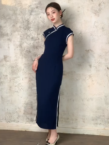 daidai (Ready Stock) Women Vintage Navy Blue Cheongsam Chinese Qipao Slim Fit Long Dress Premium