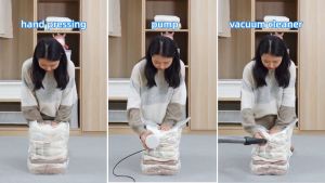 ถุงสูญญากาศ แบบกด ขนาดใหญ่ มีวาล์วแรงลมสูง ใช้ร่วมกับที่สูบได้ ถุงซีลจัดระเบียบในบ้าน ถุงเก็บผ้า ผ้านวม ผ้าห่ม ตูกตา กันน้ำ กันฝู่ คุณภาพเชิดบรรจุภัณฑ์: ถุงสูญญากาศ