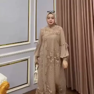 Dress Lebaran Remaja Muslim Modern Kekinian Gamis Brokat Pesta Kondangan Mewah Simple Elegan Terbaru 2025 Gamis Wanita Dewasa Jumbo Bahan Ceruty Babydoll Hias Payet Full Puring