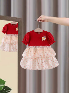 Princess Style Cotton Blend Summer Dress for Baby Girls Lightweight Short Sleeve Mesh Skirt Daily Wear Childrens Clothing